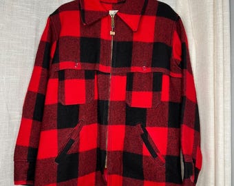 60s Vintage Woolrich Buffalo Plaid Wool Jacket Zip Black Red Men's Size Medium