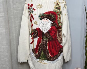90s Vintage Tiara International Santa Claus Christmas Sweater Knit Beaded Medium