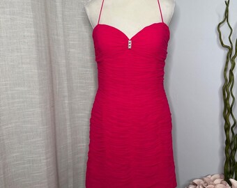 Vintage Niteline Della Roufogali Hot Pink Silk Ruched Rhinestone Mini Dress 10