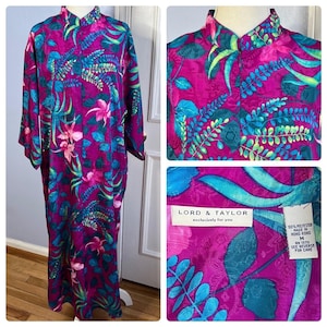 Vintage Lord & Taylor House Coat Mumu Zip Front Satin Pink Floral Women&#39;s Size M