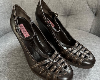 Y2K Vintage Via Spiga Strappy Wedges Leather Dark Brown Italy Womens Shoe Size 8