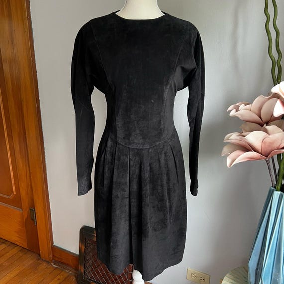 Joanie Char Suede Leather Dress 80s Vintage Black Long Sleeve Women's Size 6