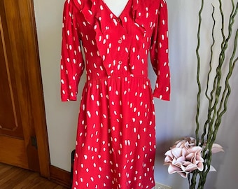 Vintage 70s Guy Laroche Paris 100% Silk Polka Dot Dress Red White Size 36 Large