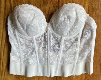 60s/70s Vintage Carnival Longline Strapless Bra Boned White Lace Women's 36B