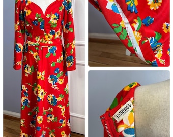 50s/60s Vintage Doring's Dress Sweetheart Neck Long Sleeves Red Floral Medium