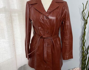70s Vintage Leather Trench Coat Belted Faux Fur Lined Brown Women's Size Small