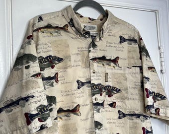 Vintage Columbia Fish Pattern Shirt Short Sleeves Button Front Men's Size Large