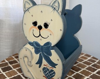 Cesta de madera vintage pintada a mano con diseño de gato, decoración de arte popular, color azul crema, 8x9.5