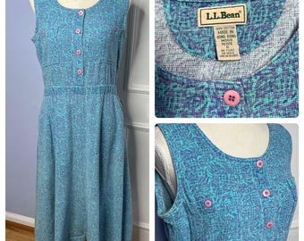 90s Vintage L.L. Bean Summer Dress Cotton Beach Aqua Blue Women's Size 6 Petite