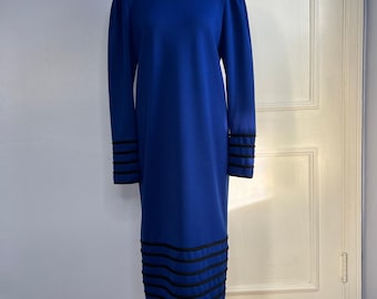 Vintage 80s David Warren Dress Back Buttons Long Sleeve Wool Blue Women's Size 8