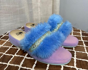 Vintage Alta Slippers Purple Blue Gold Fuzzy MCM Made in USA Women's Shoe Size 8