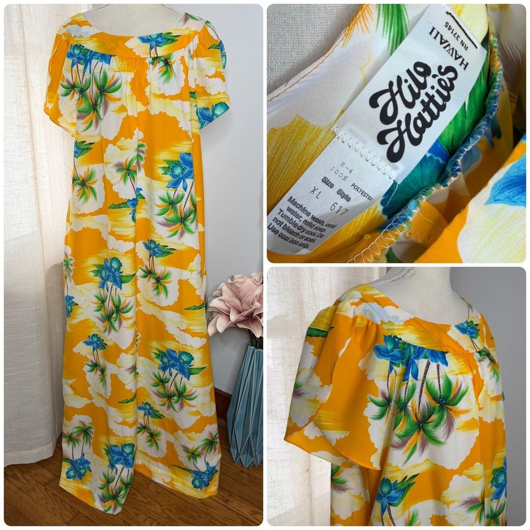 70s Vintage Hilo Hattie Hawaiian Muumuu Dress Mumu Yellow Floral Maxi ...