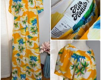 70s Vintage Hilo Hattie Hawaiian Muumuu Dress Mumu Yellow Floral Maxi Size XL