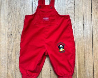 Rare 80s Vintage OshKosh B'gosh Red Corduroy Overalls Penguin Baby Size 12 Month