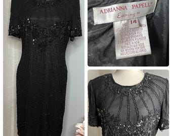 80s Vintage Adrianna Papell Beaded Sequin Silk Dress Gown Women's Size 14 Black