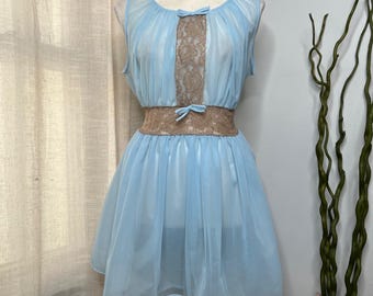 1950s Vintage Babydoll Teddy Sheer Nylon Lace Lingerie Powder Blue Size Medium