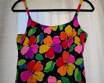 90s Vintage Catalina Swim Top Floral Neon Rainbow Tankini Pool Women's Size M