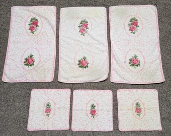 Jaren 70 Vintage Cannon Royal Family 6-delige handdoekenset roze roos bloemen katoenwit