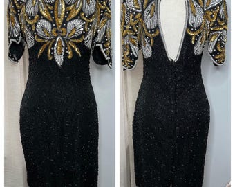 Vintage Laurence Kazar Silk Beaded Sequin Dress Gold Silver Black Petite Small