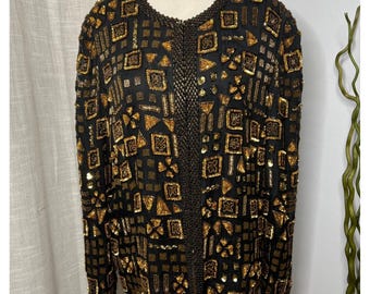 Vintage Laurence Kazar Silk Beaded Sequin Embellished Jacket Black Gold LARGE