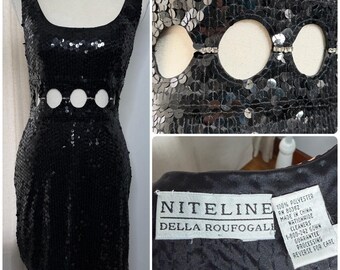 Vintage Niteline Della Roufogali Sequin Cutout Rhinestone Mini Dress Black 4