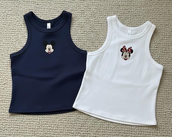 Mickey Minnie Embroidery Crop Tank, Simple Mouse Brown Baby Tee, Disneyworld Y2K, WDW Trip