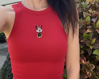 Embroidered Mickey Minnie Crop Tank, Simple Mouse Brown Baby Tee, Disneyworld Y2K, WDW Trip