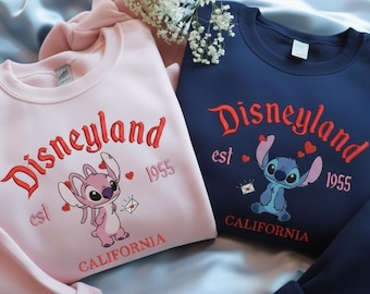 Custom Embroidered Stitch and Angel Valentine Sweatshirt, Disney Couple Hoodie, Cute Disneyland Love Embroidery Gift