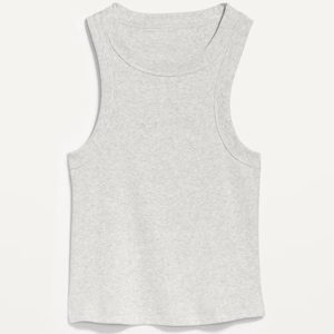 May include: A light gray ribbed tank top with a scoop neck and sleeveless design. The top is made of a soft, textured fabric and has a simple, classic style. This casual top is suitable for everyday wear.