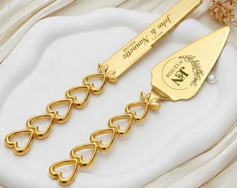 Juego de cuchillos personalizados para pastel de bodas con forma de corazón, de acero inoxidable grabado.