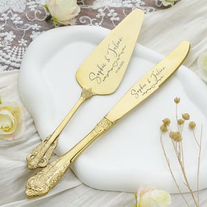 Personalized Wedding Cake Set Custom Engraved Gold  Cutting Kit Anniversary Housewarming Keepsake for Couple Forks, Knife Sliver
