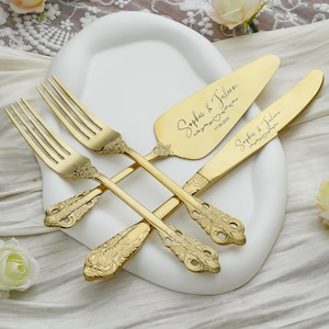 Personalized Wedding Cake Set Custom Engraved Gold  Cutting Kit Anniversary Housewarming Keepsake for Couple Forks, Knife