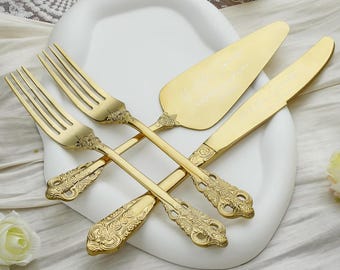 Personalized Wedding Cake Set Custom Engraved Gold  Cutting Kit Anniversary Housewarming Keepsake for Couple Forks, Knife