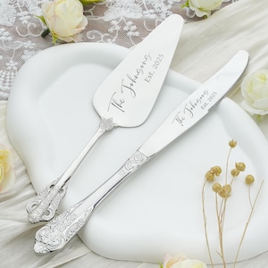 Personalized Wedding Cake Set Custom Engraved Silver  Cutting Kit Anniversary Housewarming Keepsake for Couple Forks, Knife Sliver