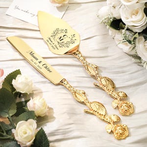 Personalized Wedding CAKE CUTTING SET Gold Rose Garden Minimalist Vintage Rustic Simple ,Engraved Cake Server ,Wedding Cake Cutter