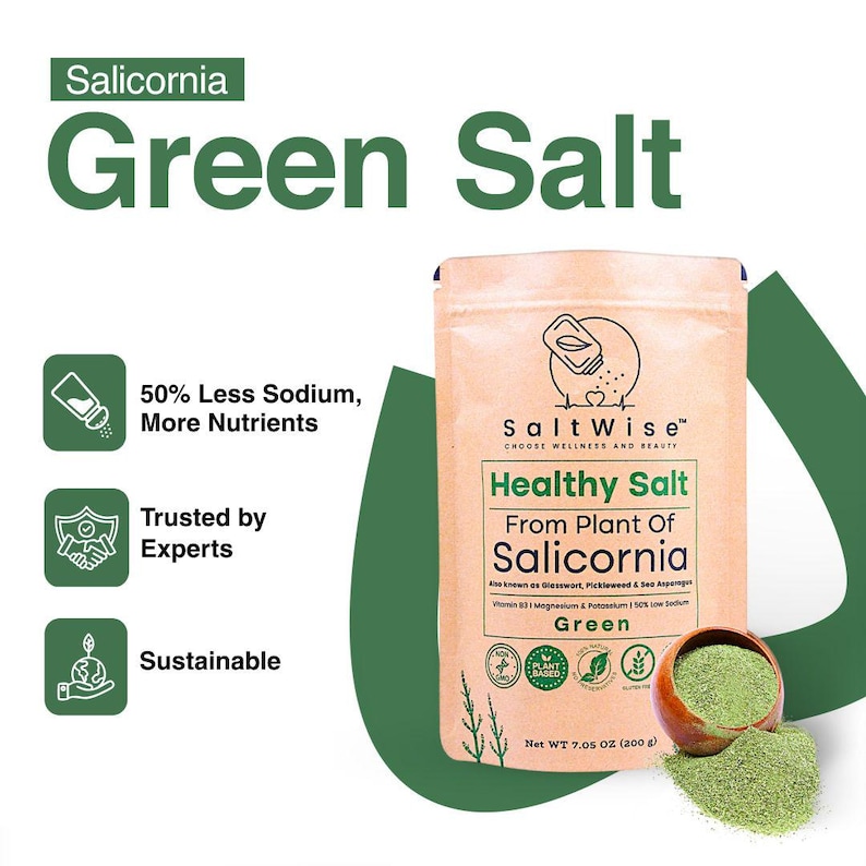 Plant-based Green Salicornia Salt is a low sodium salt substitute with 50% less sodium than regular salt. Derived from 100% dehydrated Salicornia, it contains essential minerals including potassium, magnesium, calcium, and iron. Vegan, Non-GMO, gluten-free, no additives, with natural umami flavor. Ideal for heart health, blood pressure control, and everyday healthy cooking.