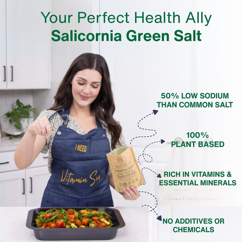 This Green Salicornia Salt is a low sodium plant-based salt substitute ideal for heart health. Made from dehydrated Salicornia, it contains 50% less sodium, rich in minerals like potassium and magnesium. Vegan, Non-GMO, gluten-free, no additives, with natural umami taste. Perfect for cooking, seasoning snacks, and supporting healthy blood pressure while maintaining delicious salty flavor.