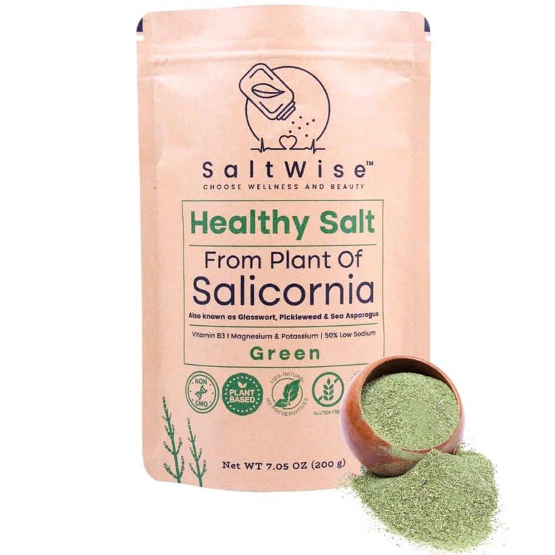 Green Salicornia Salt is a low sodium plant-based salt substitute made from 100% dehydrated Salicornia. With 50% less sodium than regular salt, it's rich in potassium, magnesium, calcium, and iron. This vegan, Non-GMO, gluten-free alternative delivers natural umami flavor, supports heart health, and is perfect for hypertension management and clean eating lifestyles.
