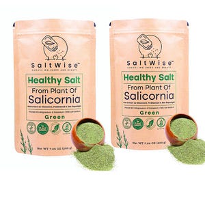 This low sodium plant-based salt substitute, Green Salicornia Salt, contains 50% less sodium than table salt. Made from 100% dehydrated Salicornia, it's mineral-rich with potassium, magnesium, calcium, and iron supporting heart health. Vegan, Non-GMO, gluten-free, no additives, with unique umami flavor. Ideal for blood pressure management, everyday cooking, and healthy seasoning without sacrificing taste.