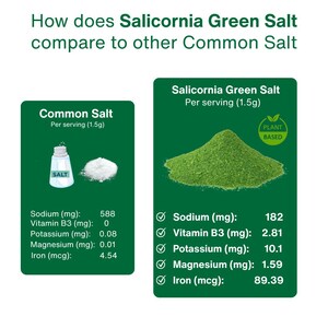 Green Salicornia Salt offers a low sodium plant-based salt substitute with 50% less sodium than table salt. Derived from 100% dehydrated Salicornia, it's mineral-rich with potassium, magnesium, calcium, and iron. Vegan, Non-GMO, gluten-free, additive-free, and delivers natural umami flavor. Ideal for heart health, hypertension management, and everyday clean cooking without sacrificing taste