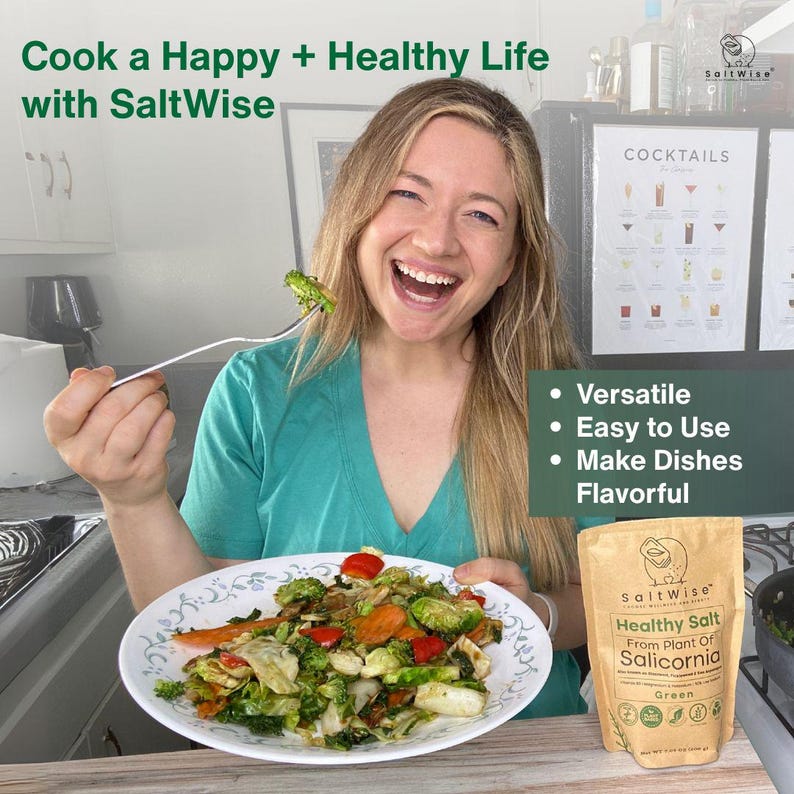 This low sodium plant-based salt substitute, Green Salicornia Salt, has 50% less sodium than table salt. Extracted from 100% dehydrated Salicornia, it's mineral-packed with potassium, magnesium, calcium, and iron. Vegan, Non-GMO, gluten-free, no additives, delivering natural umami flavor. Excellent for heart wellness, blood pressure management, and healthy everyday cooking without losing salty taste