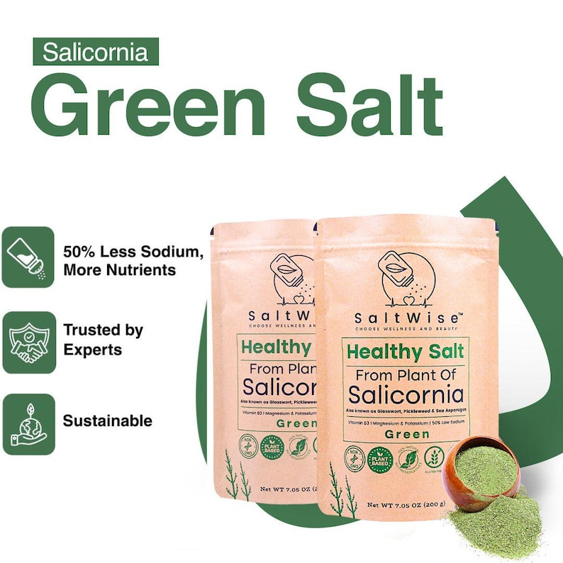 This low sodium plant-based salt substitute, Green Salicornia Salt, contains 50% less sodium than table salt. Made from 100% dehydrated Salicornia, it's mineral-rich with potassium, magnesium, calcium, and iron supporting heart health. Vegan, Non-GMO, gluten-free, no additives, with unique umami flavor. Ideal for blood pressure management, everyday cooking, and healthy seasoning without sacrificing taste.