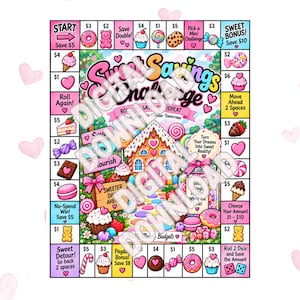 Puede incluir: Un juego de mesa colorido titulado Sweet Savings Challenge con una casa de jengibre, dulces y postres. El camino incluye varios montos, sugerencias de ahorro e ilustraciones de cupcakes, donas y corazones. El texto dice Sweet Savings Challenge, Turn Your Dreams Into Sweet Reality y Sweeter Days Ahead.