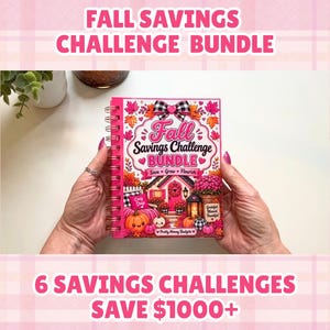 May include: A spiral-bound savings challenge booklet with a pink and orange autumn-themed cover. The cover features illustrations of pumpkins, a house, and fall foliage, with the text Fall Savings Challenge BUNDLE, Save Grow Flourish, and Pretty Money Budgets.