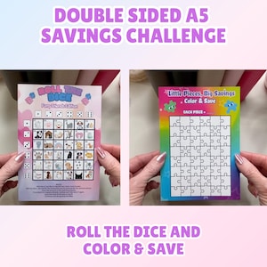 May include: Double-sided A5 savings challenge cards. One card features a dice roll game with dog illustrations, the other a color-in puzzle. Text includes "Roll the Dice" and "Little Pieces, Big Savings".
