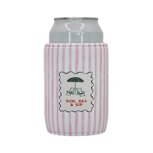 Sun Sea Sip Can Cooler | Pink Stripe Neoprene Stubby Holder for 330ml Cans | Summer Beach Vibe Drink Sleeve | Gift for Her