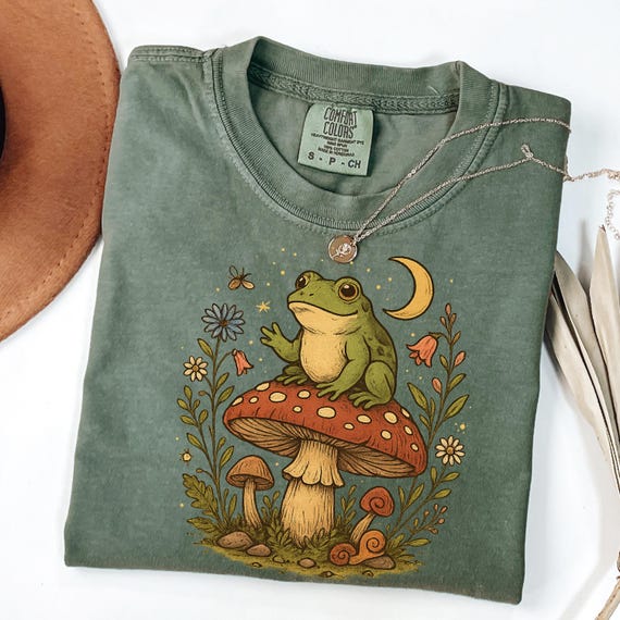 Cottagecore Frog Mushroom Shirt Comfort Colors®, Toadstool Moon Forest Tee, Whimsical Nature Graphic, Vintage Boho Animal T-Shirt