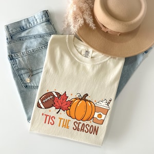 Tis The Season Fall Shirt, Pumpkin Spice Latte Tee, Comfort Colors Fall, Cozy Fall Graphic Tee, Football Pumpkin Shirt, Thanksgiving Shirt