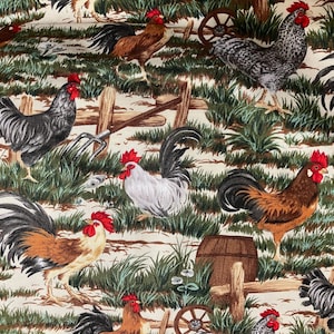 May include: Fabric with a repeating pattern of roosters in various colors, including brown, black, and white, with red combs. The roosters are set against a backdrop of green grass, wooden fences, and a barrel, creating a rustic, farm-like scene.