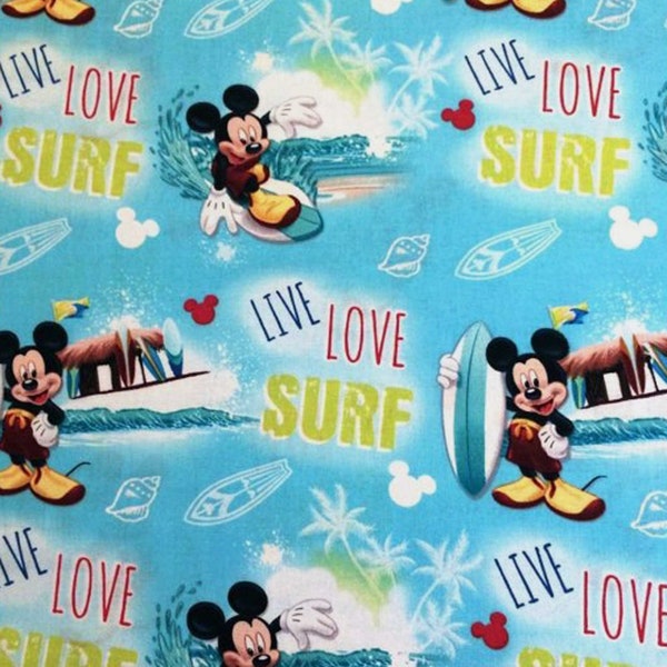 Disney Mickey Mouse Live Love Surf Cotton Quilt Sewing Fabric 1 Yard or Half Yard
